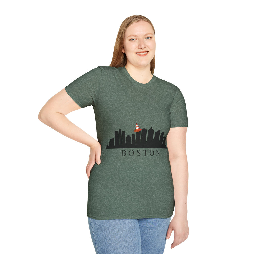 Boston Skyline Tee — Playful Traffic Cone Graphic (Boston & Scotland Fans)