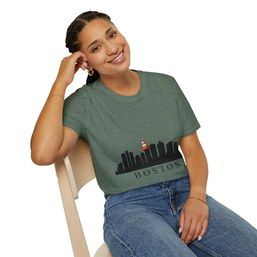 Boston Skyline Tee — Playful Traffic Cone Graphic (Boston & Scotland Fans)