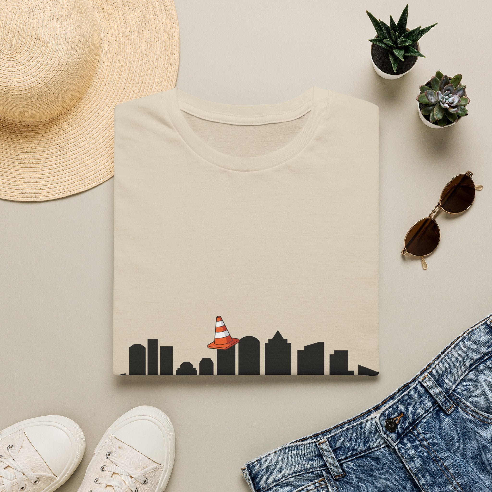 Boston Skyline Tee — Playful Traffic Cone Graphic (Boston & Scotland Fans)