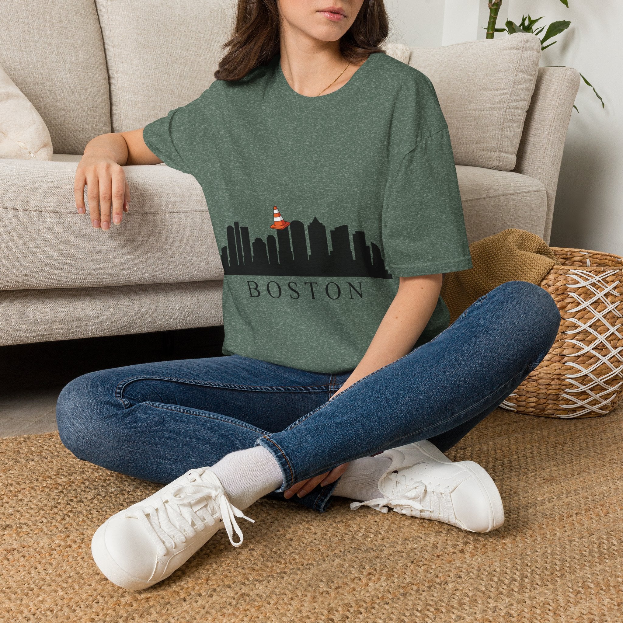 Boston Skyline Tee — Playful Traffic Cone Graphic (Boston & Scotland Fans)